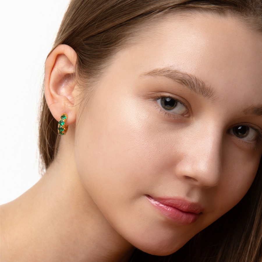 Round Volume Emerald Earrings ( S925 )
